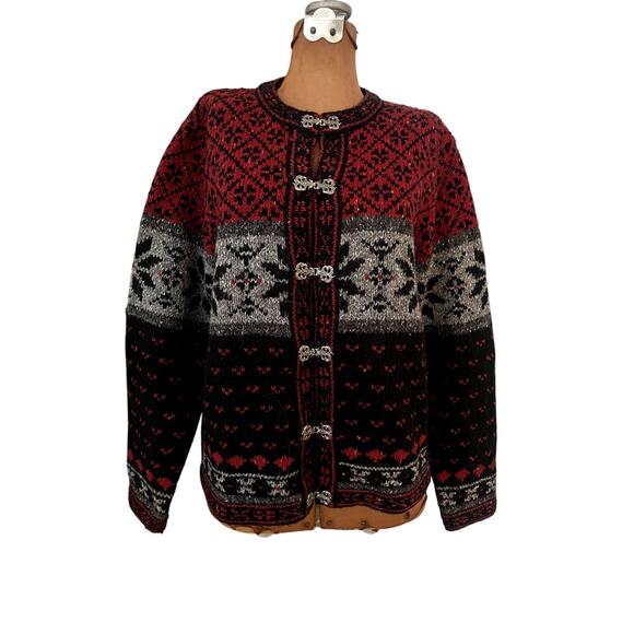 Croft & Barrow Sz L Fair Isle  Cardigan Sweater Red Wool Blend Nordic Apres Ski - Picture 1 of 13